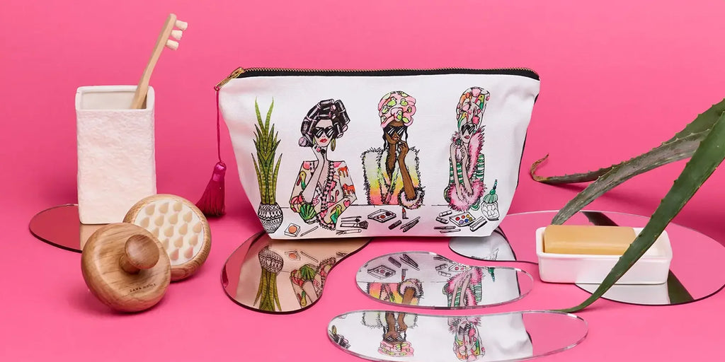 Charlotte Posner wash bags with Pop Doll artwork, limited-edition luxury art accessories