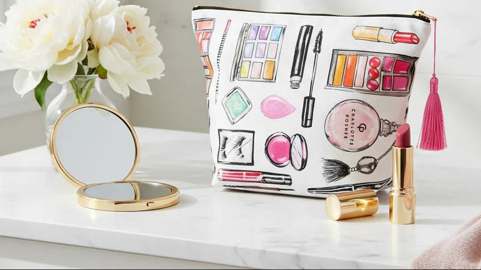 Charlotte Posner Large Makeup Wash Bag – extra-spacious illustrated canvas beauty bag with makeup-themed Pop Dolls artwork